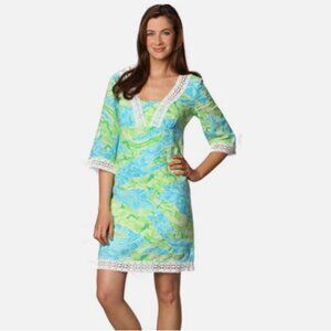 Lilly Pulitzer Sherman Turquoise Gator Alley Linen‎ Lace Trim Tunic Dress Size M